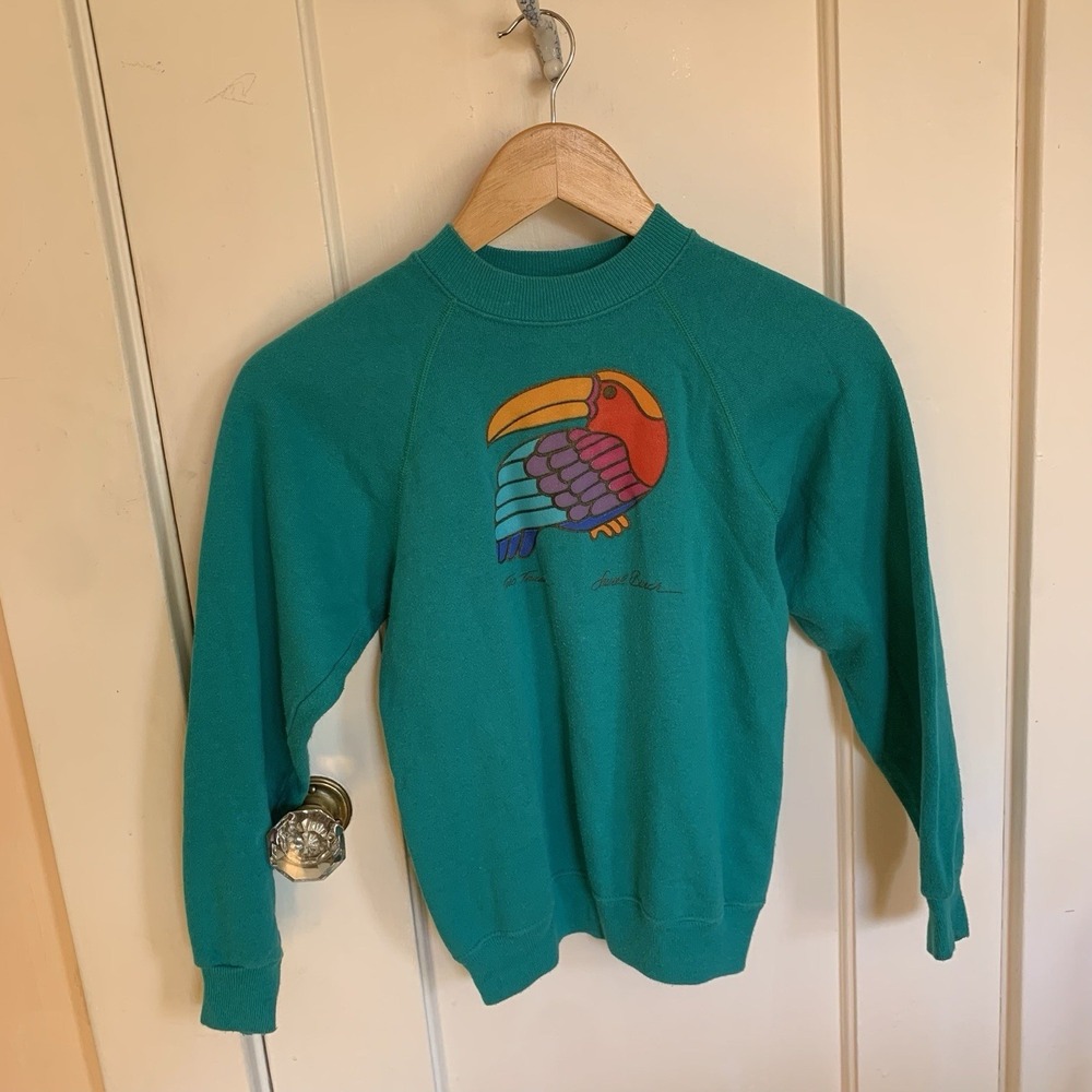 VTG 80's Laurel Burch San Francisco Toucan Sweatshirt Teal Hanes M 10-12 Kids